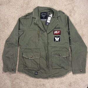 NWT Hard Rock Womens Army Green Jacket Large Guitar Co Military Style Distressed